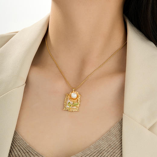 油画风金框向日葵项链复古优雅淡水珍珠花朵颈链新款项饰P02904 商品图0