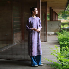 绽放516朵/色织亚麻立领斜襟盘扣正常肩七分袖新中式女连衣裙秋季