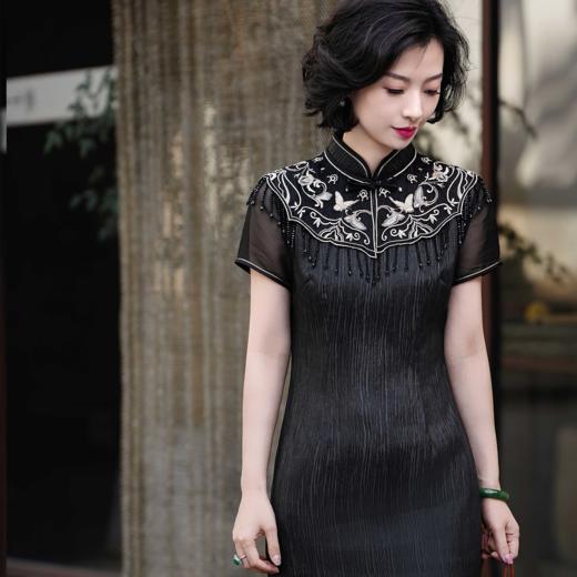 西子/金陵非遗香云纱重磅22姆米桑蚕丝立领古典旗袍/QPBH1380 商品图5