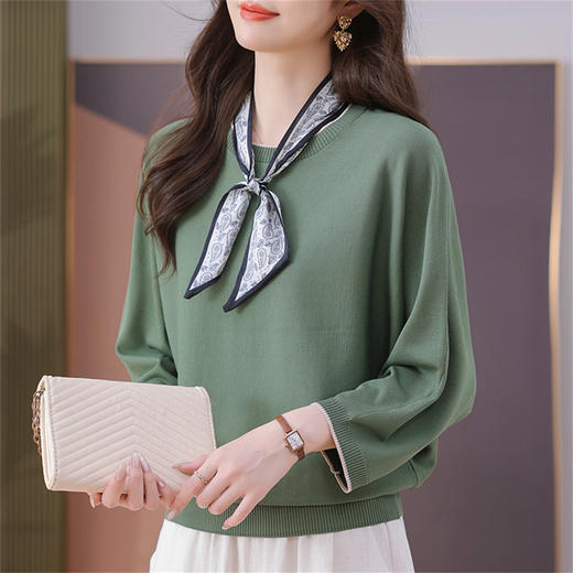 CC37-3012初秋女2025新款上衣大码漂亮飘带针织打底衫中袖宽松时尚洋气上衣 商品图0