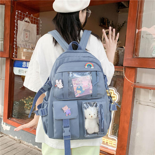 【开学季🔥韩版双肩包】时尚可爱挂件，肩带调节扣，防盗拉链袋，顺滑拉链，防泼水面料，包高中生初中生中小学生校园ins双肩背包QQ 商品图0