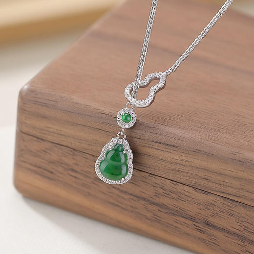 【福禄温情】S925纯银天然翡翠双面葫芦镶嵌齿纹圆珠套链【CW-DZ06884】 商品图1