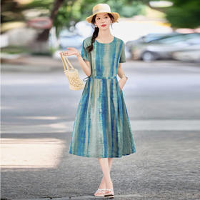 【预售3天】新款女装圆领套头系带腰显瘦连衣裙时尚条纹长裙NYMYZ5109