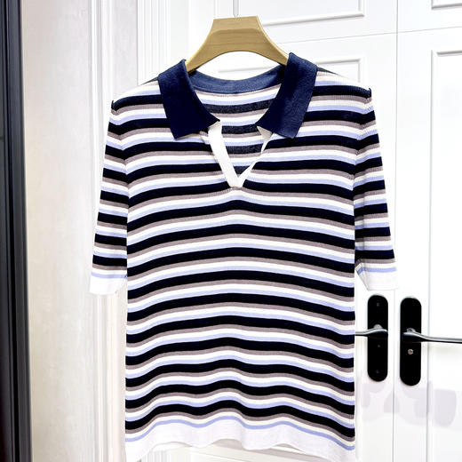 火桐hooton 莱赛尔桑蚕丝条纹撞色polo领短袖G236 商品图2