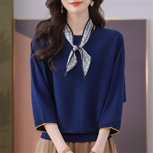 CC37-3012初秋女2025新款上衣大码漂亮飘带针织打底衫中袖宽松时尚洋气上衣 商品图2