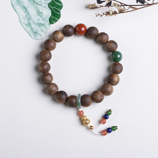 xy0501沉香碧玉南红葫芦小坠手串 商品图0