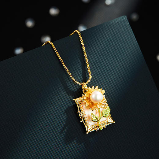 油画风金框向日葵项链复古优雅淡水珍珠花朵颈链新款项饰P02904 商品图1