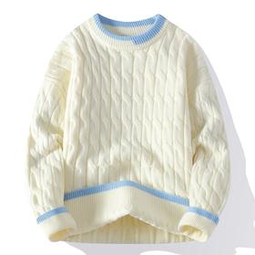 秋款上新！【经典款式，舒适有型！】男装秋冬新款 套头圆领镶色编织款长袖毛衣 男士保暖休闲针织衫-QB