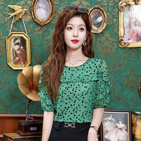 KQL323H11802025夏季新款圆领荷叶边碎花波点雪纺衫上衣洋气时尚百搭衬衫女