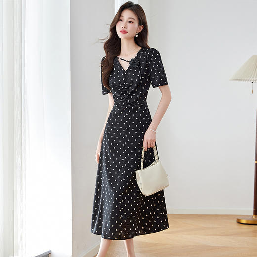 白色波点丝连衣裙，法式收腰显瘦巨好看的显瘦裙子HR-5627 商品图1