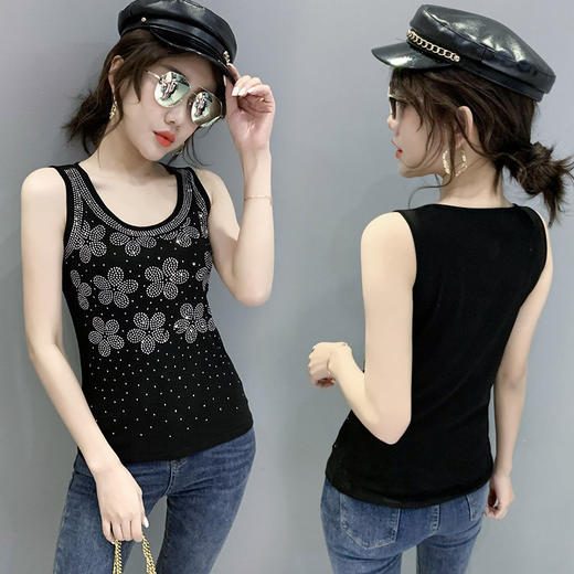 2025夏季新款圆领T恤女无袖背心洋气烫钻百搭上衣潮 商品图3