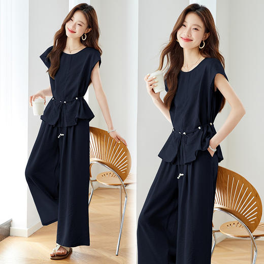 【预售3天】PY 时尚休闲系带收腰圆领短袖衬衫套装 &Z8158 商品图1