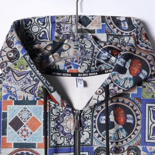 WT197SDSA男士2025新款轻奢痞帅男装抽象图案抽绳拉链连帽卫衣外套复古 商品图2