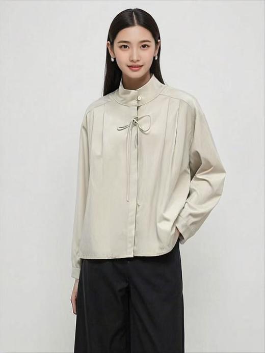 【早秋特卖】品质 95%棉立领压皱蝴蝶结长袖衬衫-喜出 商品图4