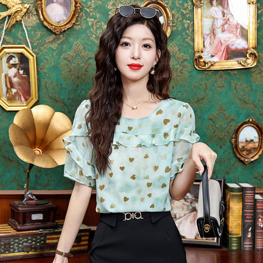 KQL323H11822025夏季新款圆领荷叶边爱心雪纺衫上衣洋气时尚百搭衬衫女 商品图1
