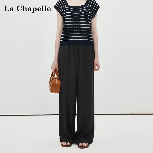 天猫同步【凉爽亚麻裤】拉夏贝尔/La Chapelle松紧腰系带休闲裤女黑色显瘦垂感百搭直筒2025新款裤 商品图3