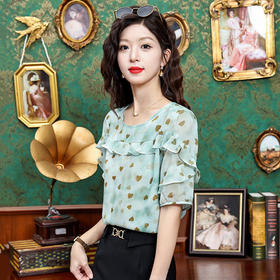 KQL323H11822025夏季新款圆领荷叶边爱心雪纺衫上衣洋气时尚百搭衬衫女