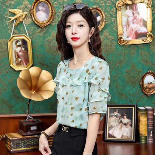 KQL323H11822025夏季新款圆领荷叶边爱心雪纺衫上衣洋气时尚百搭衬衫女 商品图0