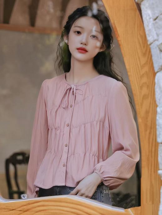 11.11直降到底！！ 7969 圆领压皱系带长袖小衫-喜出 商品图0