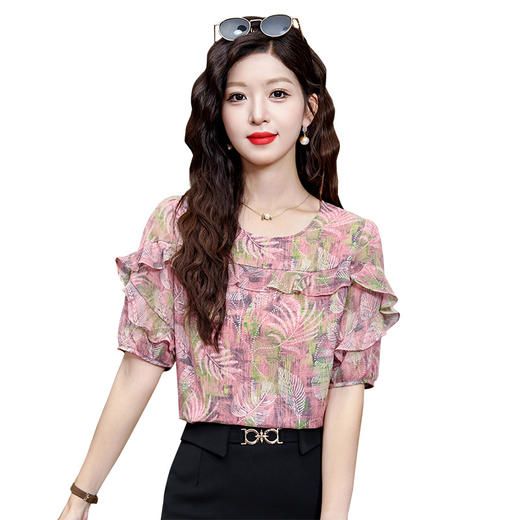 KQL323H11812025夏季新款圆领荷叶边印花雪纺衫上衣洋气时尚百搭衬衫女 商品图4