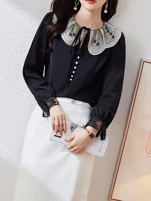 【早秋特卖】88103蕾丝刺绣系带优雅气质长袖小衫衬衫-喜出 商品图1