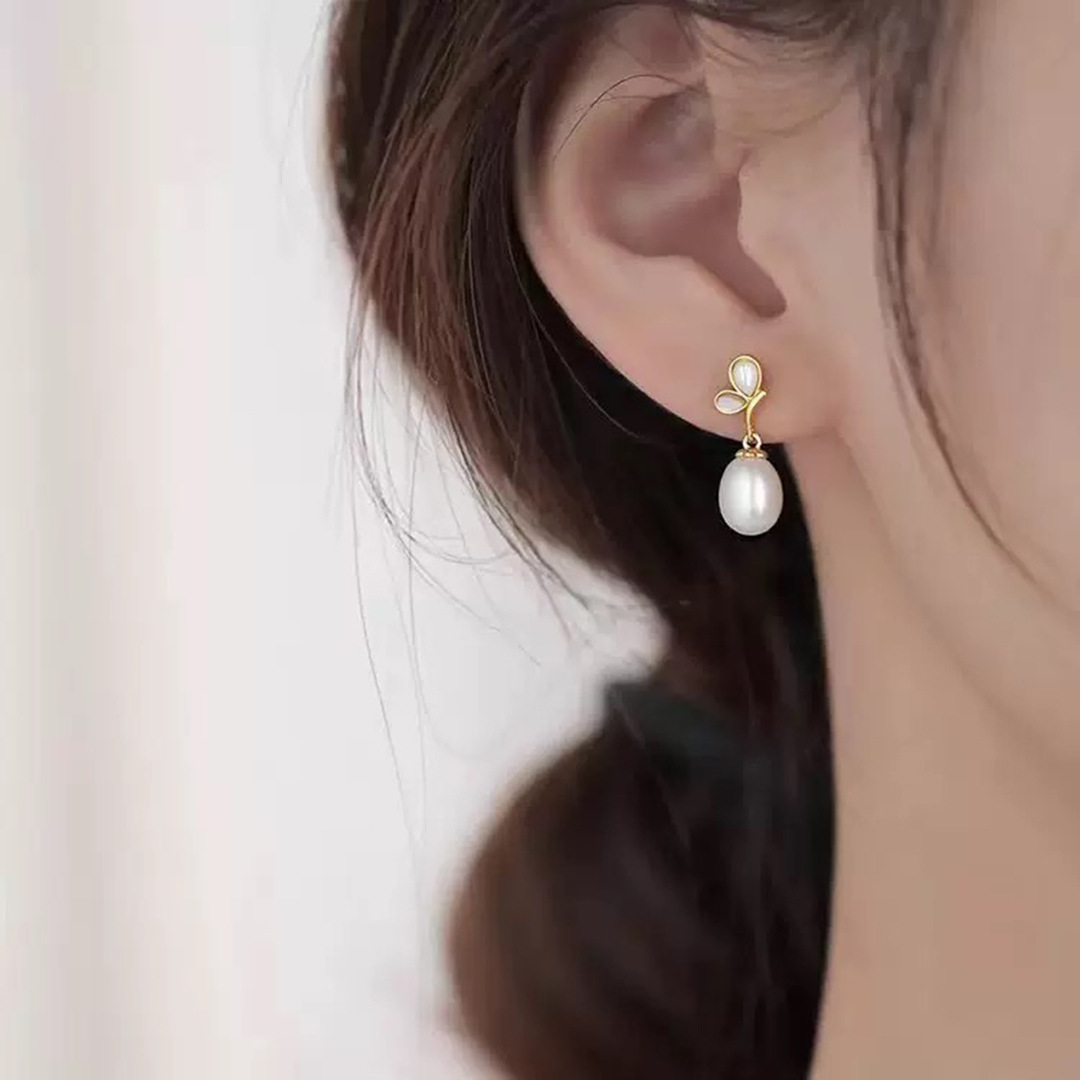 新款天然淡水珍珠贝母蝴蝶耳环女夏季简约14K注金高