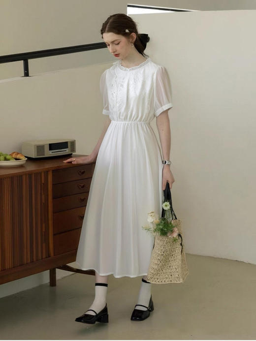 会员福利【莱赛尔+刺绣提花】拉夏贝尔/La Chapelle原299+花边立领提花新中式短袖中长款连衣裙夏季 商品图9