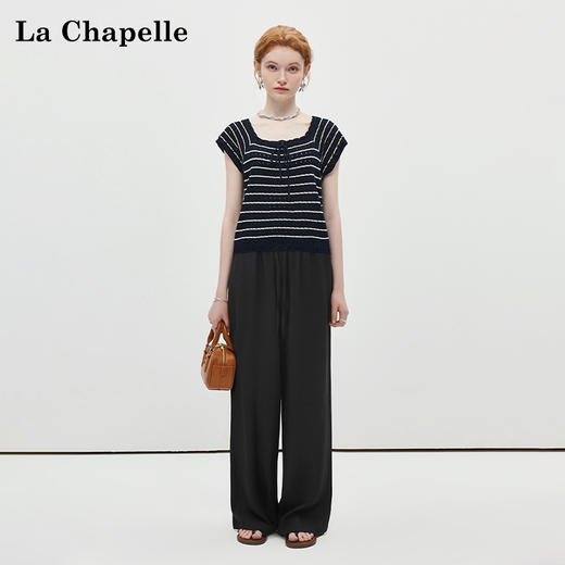 天猫同步【凉爽亚麻裤】拉夏贝尔/La Chapelle松紧腰系带休闲裤女黑色显瘦垂感百搭直筒2025新款裤 商品图1