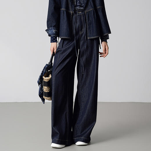 【林栖设计小店】（现货）【草木丹宁】压褶牛仔裤配方巾2025秋季新款宽松阔腿裤女1953084 商品图3