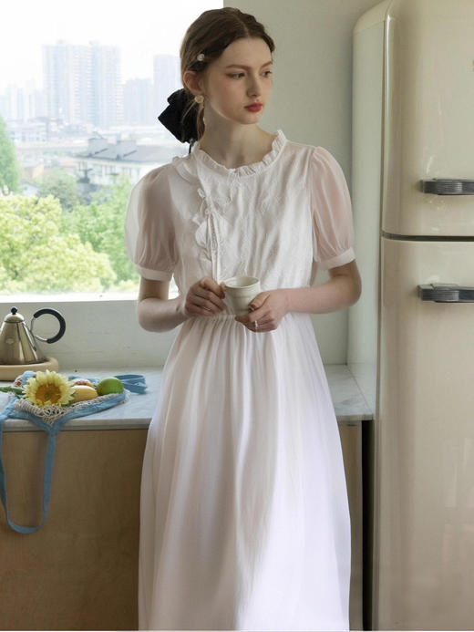 会员福利【莱赛尔+刺绣提花】拉夏贝尔/La Chapelle原299+花边立领提花新中式短袖中长款连衣裙夏季 商品图10