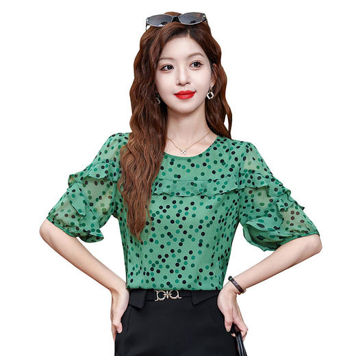 KQL323H11802025夏季新款圆领荷叶边碎花波点雪纺衫上衣洋气时尚百搭衬衫女 商品图4