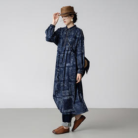 【林栖设计小店】【现货】纯棉连衣裙复古蓝印花纹蓝书宽松百搭宽松2025秋季新款长裙女1953034