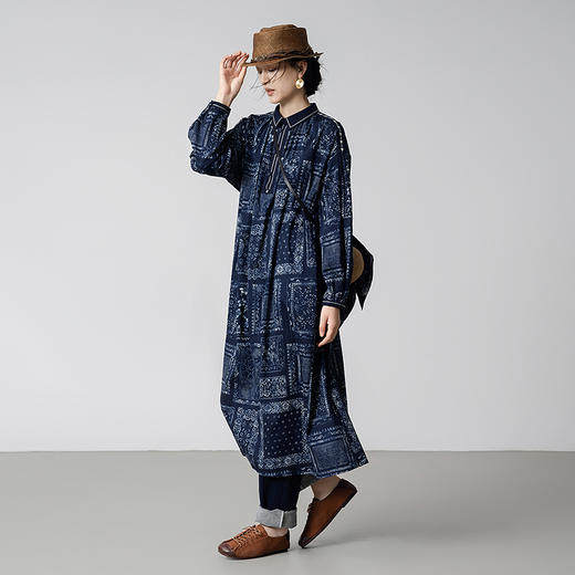 【林栖设计小店】【现货】纯棉连衣裙复古蓝印花纹蓝书宽松百搭宽松2025秋季新款长裙女1953034 商品图0