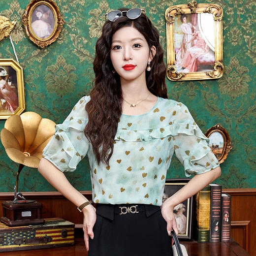 KQL323H11822025夏季新款圆领荷叶边爱心雪纺衫上衣洋气时尚百搭衬衫女 商品图2