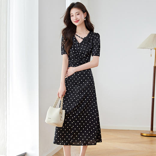 白色波点丝连衣裙，法式收腰显瘦巨好看的显瘦裙子HR-5627 商品图2