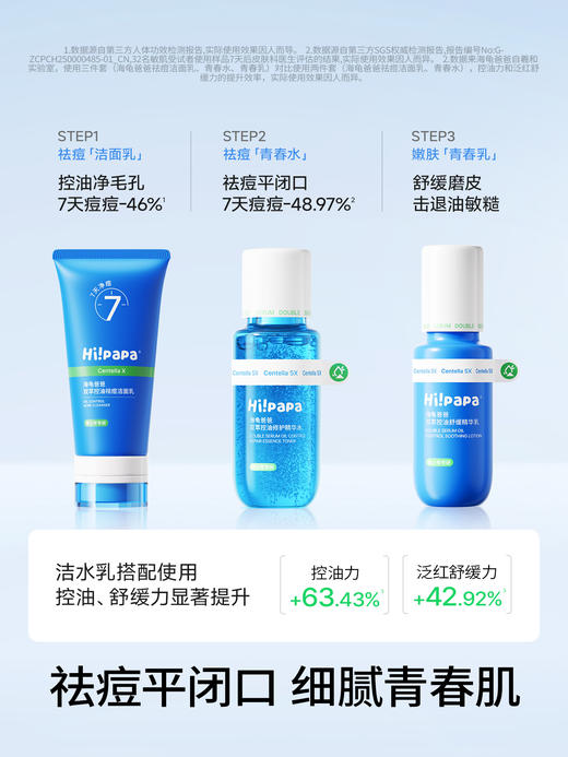 【品牌直发】海龟爸爸青少年油痘肌洁面水乳三件套（双萃控油祛痘洁面乳80g+双萃控油精华水150ml+双萃舒缓精华乳100g） 商品图1