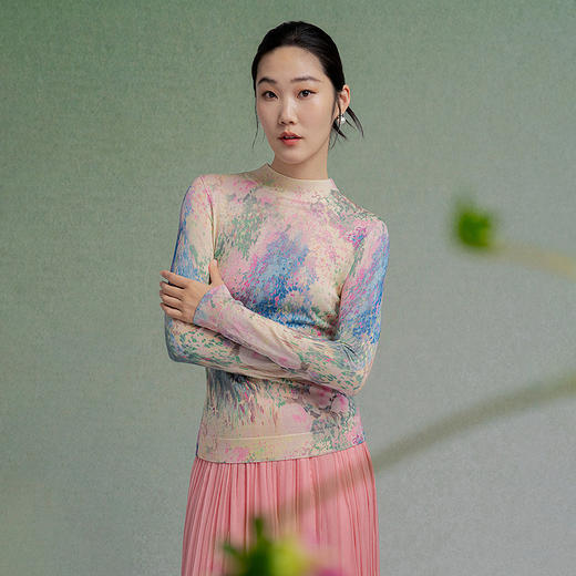 【林栖设计小店】【现货】绵羊毛毛织上衣油画衫优雅印花修身显瘦2025秋冬新款针织衫女1954004 商品图8