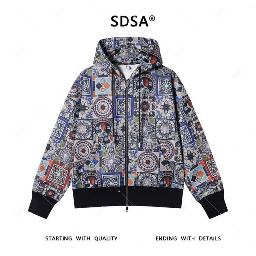 WT197SDSA男士2025新款轻奢痞帅男装抽象图案抽绳拉链连帽卫衣外套复古 商品图1