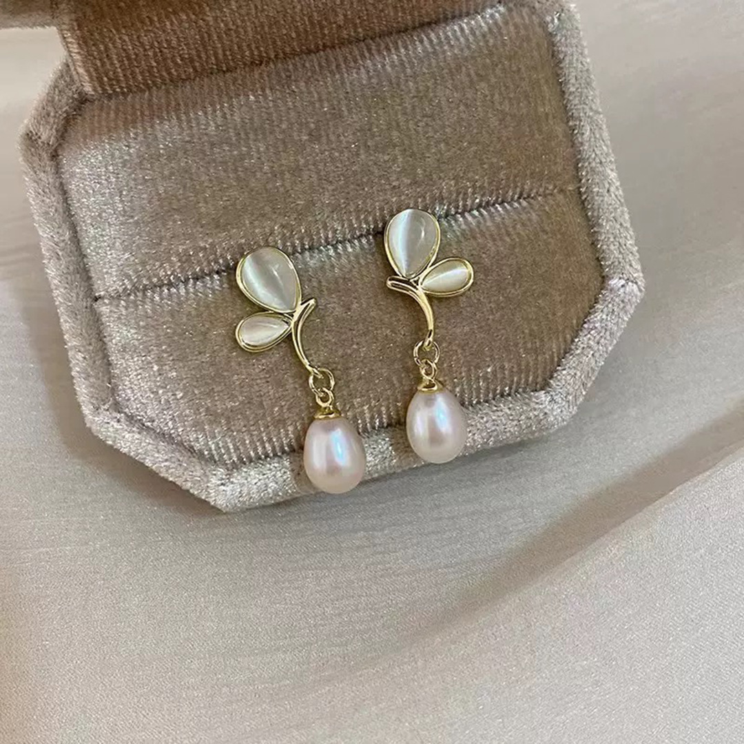 新款天然淡水珍珠贝母蝴蝶耳环女夏季简约14K注金高