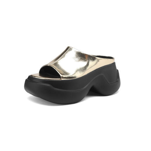 8cm露趾凉拖女牛皮粗跟厚底夏季新款时尚金色小个子白色一字凉拖 商品图4