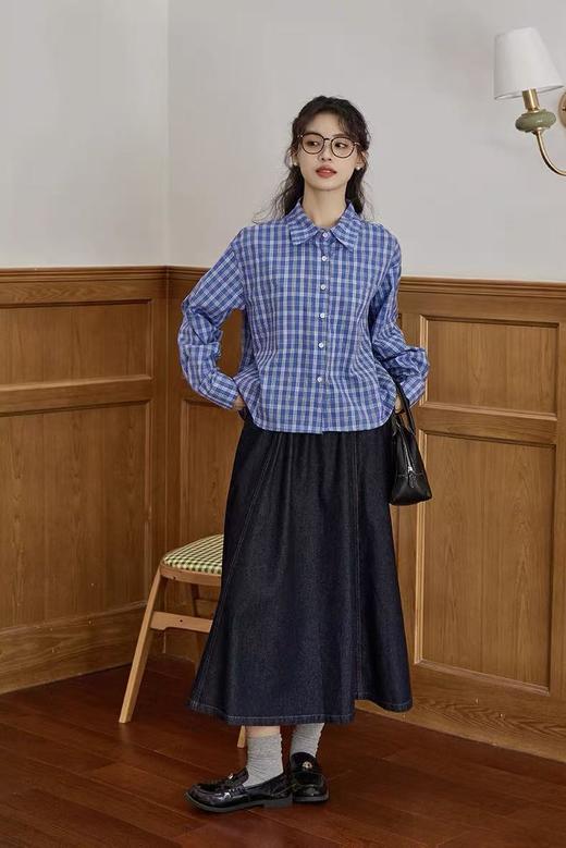 冰点价！仅限11.11！退货勿拍【早秋特卖】100%棉蓝色格子短款长袖衬衫-喜出 商品图2