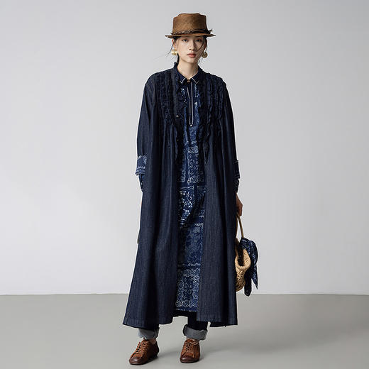 【林栖设计小店】【现货】【草木丹宁】牛仔外套上衣花边压褶2025秋季新款长款大衣1953118 商品图1