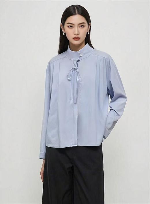 【早秋特卖】品质 95%棉立领压皱蝴蝶结长袖衬衫-喜出 商品图0