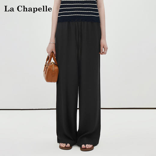 天猫同步【凉爽亚麻裤】拉夏贝尔/La Chapelle松紧腰系带休闲裤女黑色显瘦垂感百搭直筒2025新款裤 商品图0