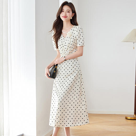 白色波点丝连衣裙，法式收腰显瘦巨好看的显瘦裙子HR-5627 商品图3