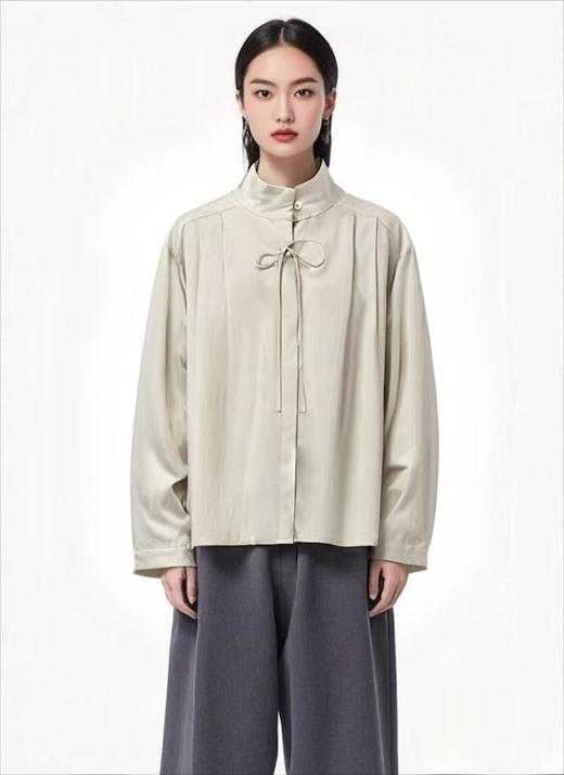 【早秋特卖】品质 95%棉立领压皱蝴蝶结长袖衬衫-喜出 商品图3
