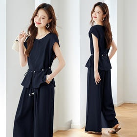 【预售3天】PY 时尚休闲系带收腰圆领短袖衬衫套装 &Z8158