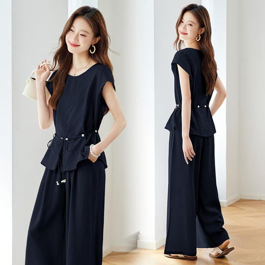 【预售3天】PY 时尚休闲系带收腰圆领短袖衬衫套装 &Z8158 商品图0