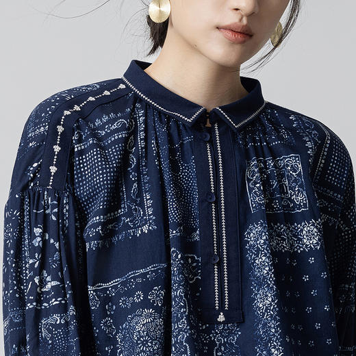 【林栖设计小店】【现货】纯棉衬衣复古蓝印花纹蓝书优雅百搭宽松2025秋季新款上衣女1953026 商品图3