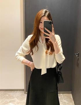 法式醋酸质感蝴蝶结飘带V领知性OL衬衫